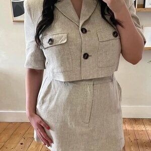 Zara beige natural linen cropped blazer & skirt coord set size L